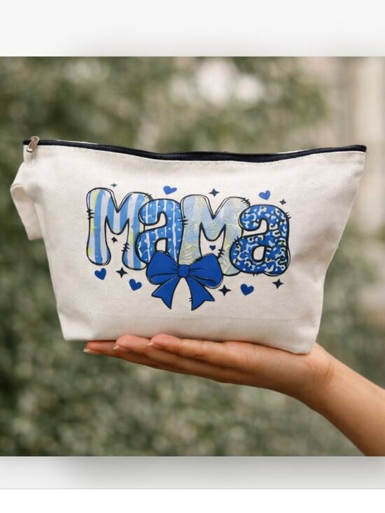 Handbags - Mama Graphic Design Blue White Cosmetic Makeup Travel Pouch Wristlet Bag